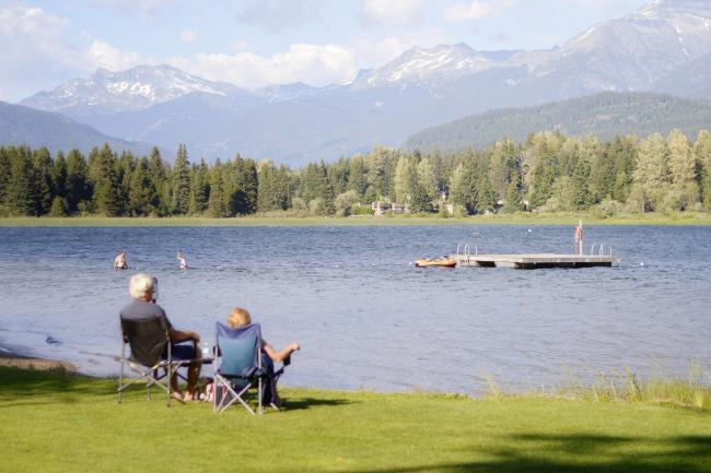two people sitting near a lake